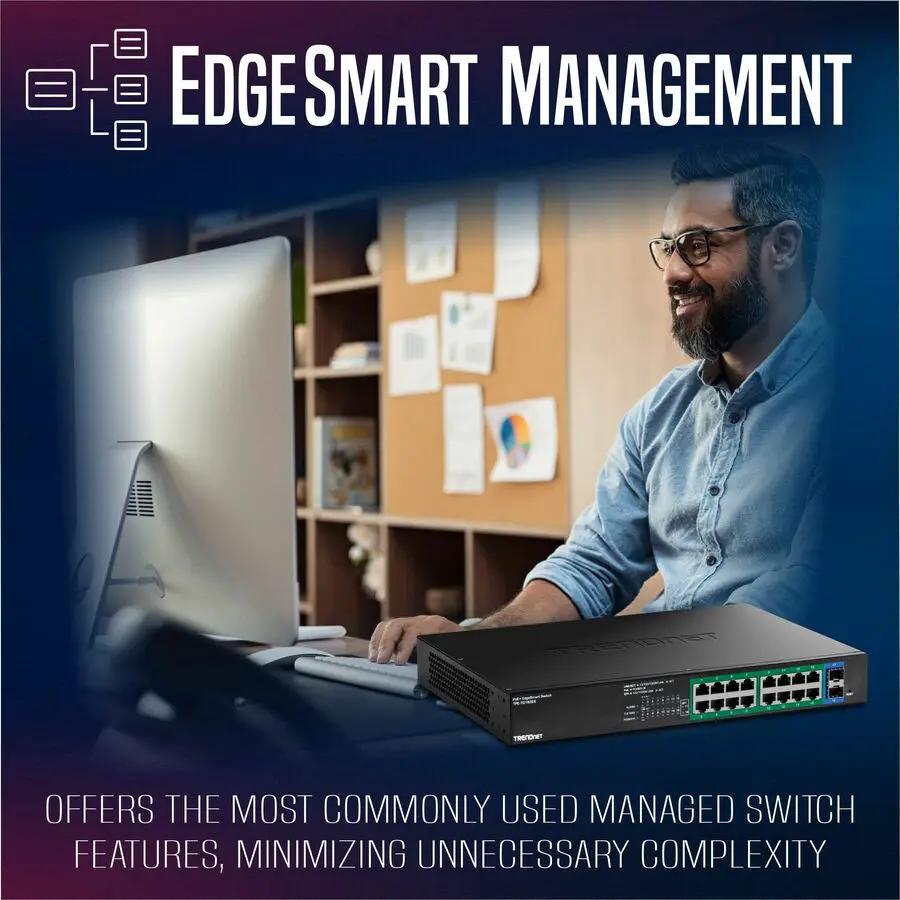 TRENDnet EdgeSmart TPE-TG182ES 18-Port Gigabit PoE+ Switch, black, on desk beside computer