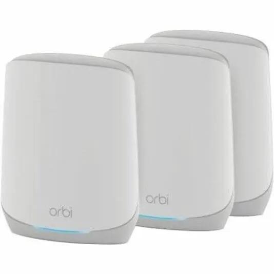 NETGEAR Orbi AX4200 WiFi 6 satellite system, three white mesh satellites.