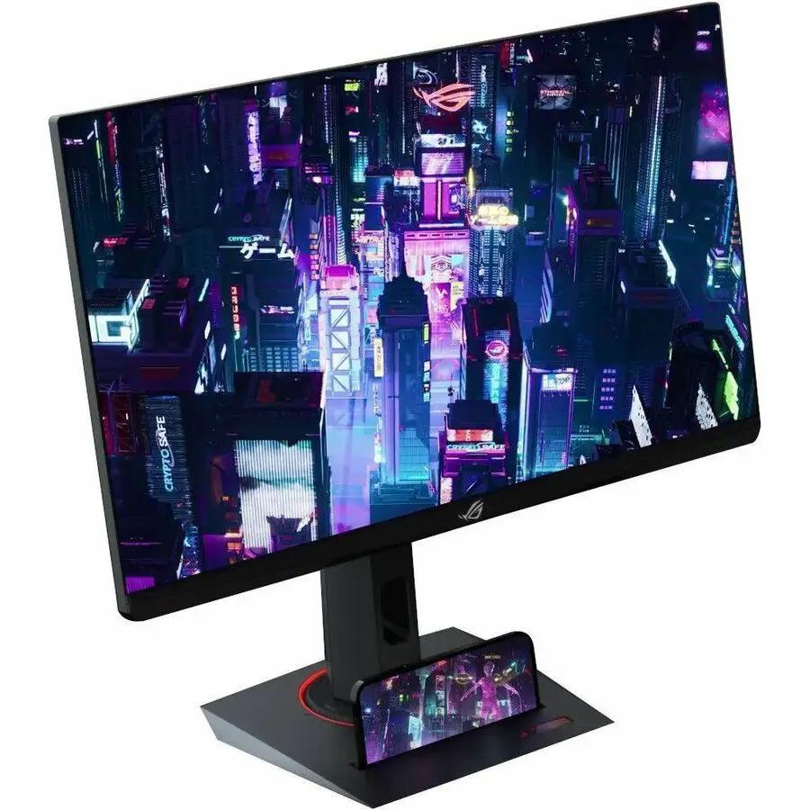 ASUS ROG Strix XG27UCS 27-inch 4K UHD gaming monitor on a stand with smartphone dock