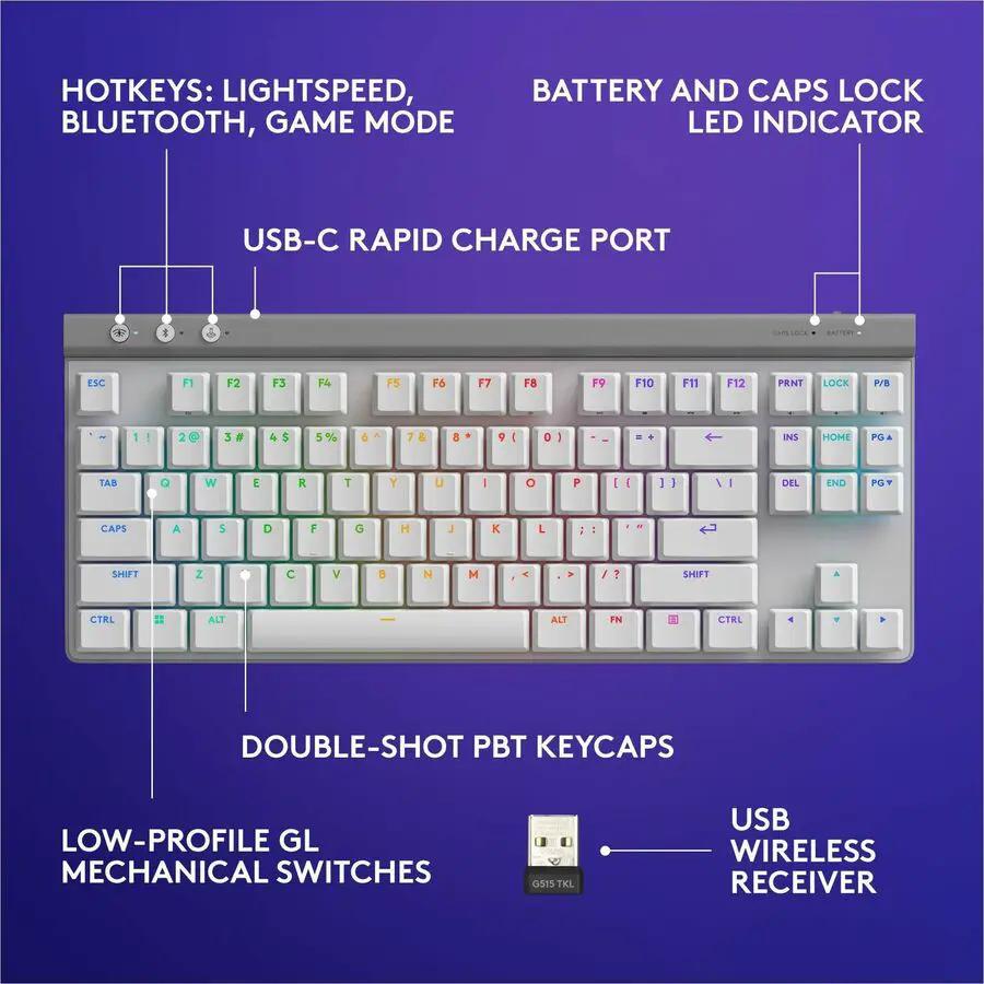 Logitech G515 LIGHTSPEED TKL Low Profile Wireless Gaming Keyboard, LIGHTSYNC RGB, Thin Tenkeyless Design, PBT Keycaps, Tactile (Brown) Mechanical Switches, White