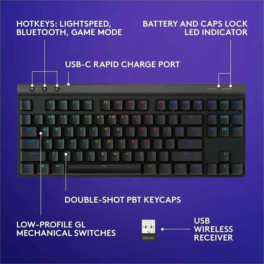 Logitech G515 LIGHTSPEED TKL Low Profile Wireless Gaming Keyboard, LIGHTSYNC RGB, Thin Tenkeyless Design, PBT Keycaps, Linear (Red) Mechanical Switches, Black