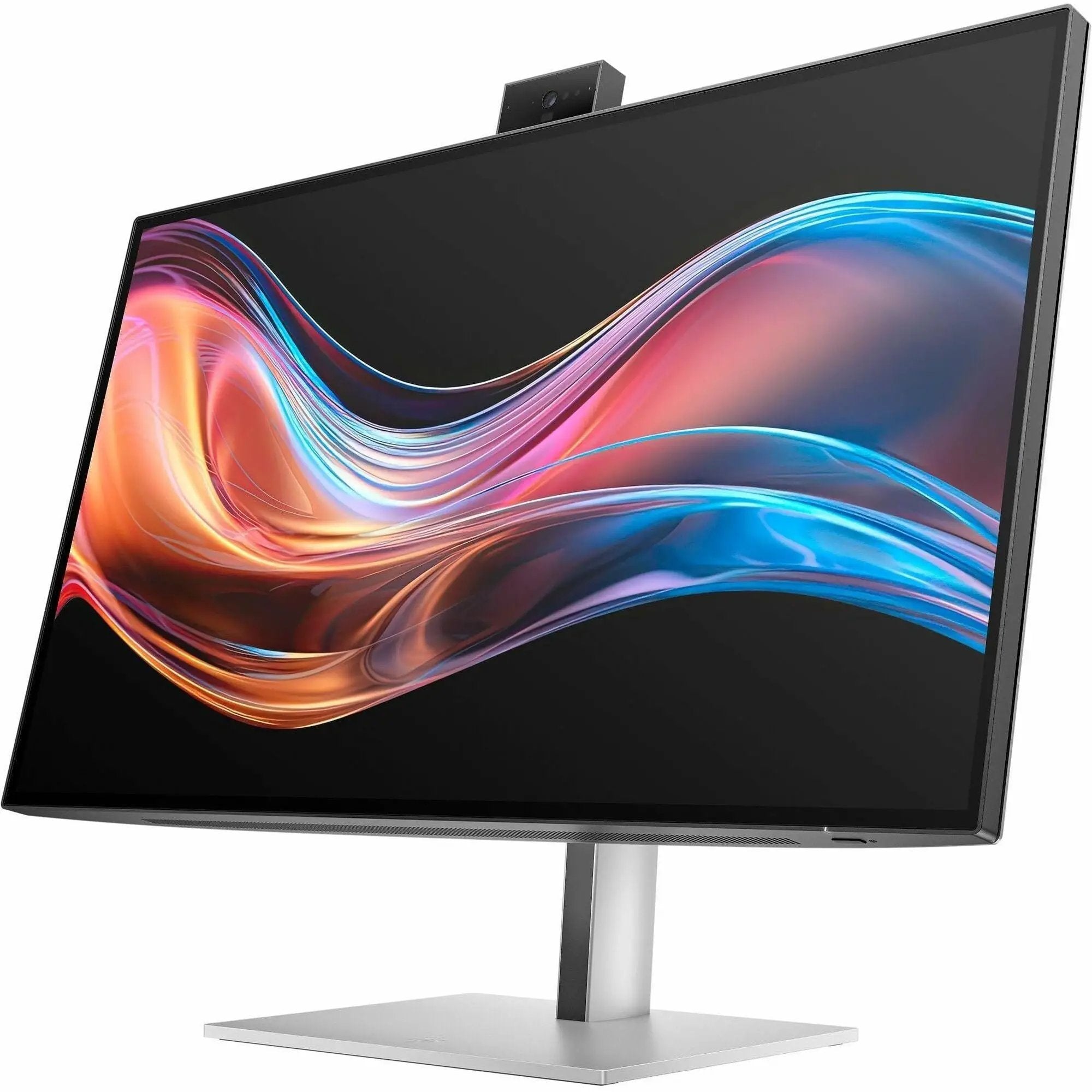 HP 727pm 27-inch 4K UHD LCD monitor on a silver stand with built-in webcam