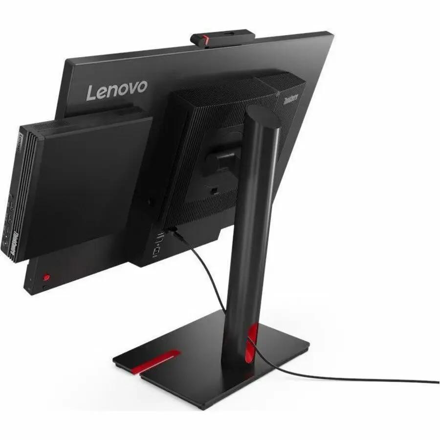 Lenovo ThinkCentre M70q G5 Tiny Desktop and monitor on a black stand with red accents