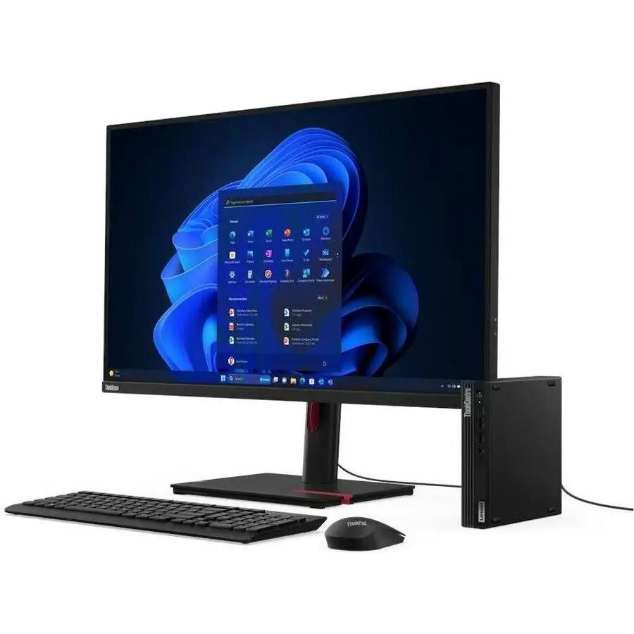 Lenovo ThinkCentre M70q Gen 5 SFF desktop computer in black with keyboard and mouse