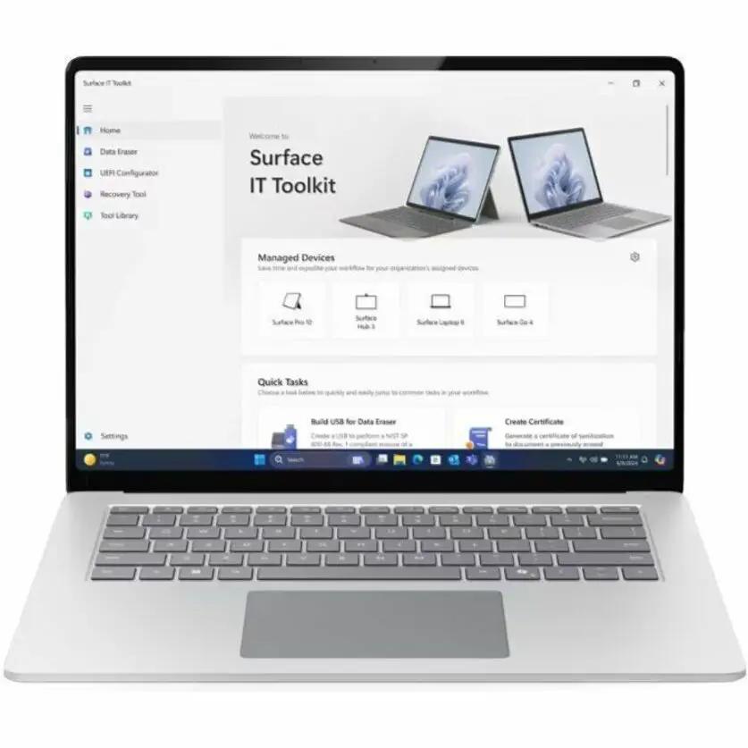 Microsoft Surface Laptop 7 15-inch touchscreen laptop in platinum with 16 GB RAM and 1 TB SSD.