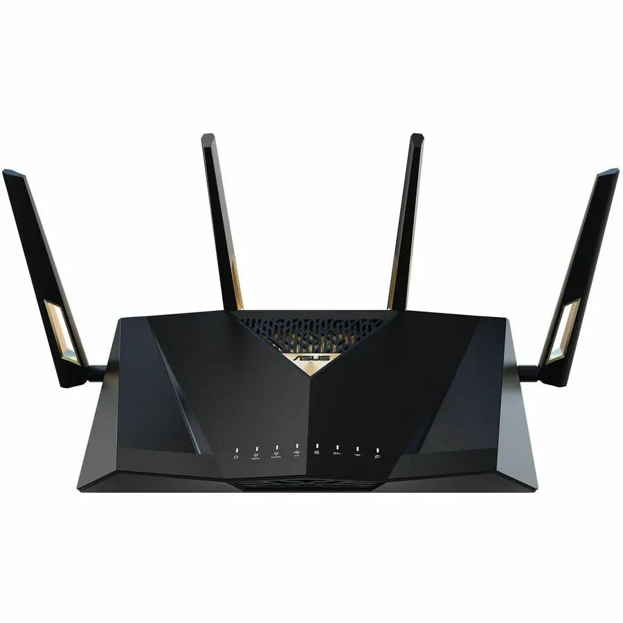 ASUS RT-BE88U wireless router with four external antennas on a black angular chassis.