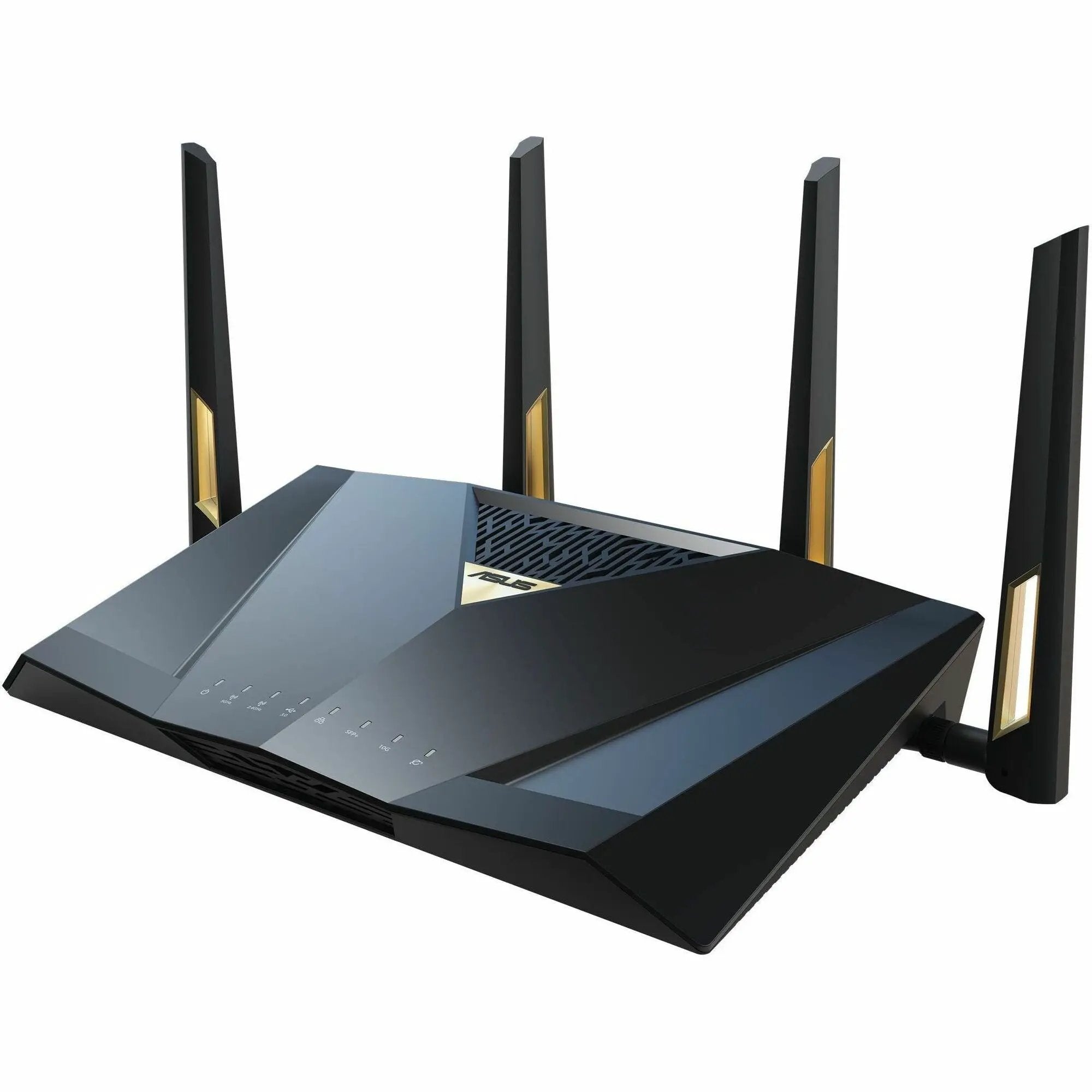 ASUS RT-BE88U 10GbE SFP+ router with four external antennas on a black chassis, shown on white background