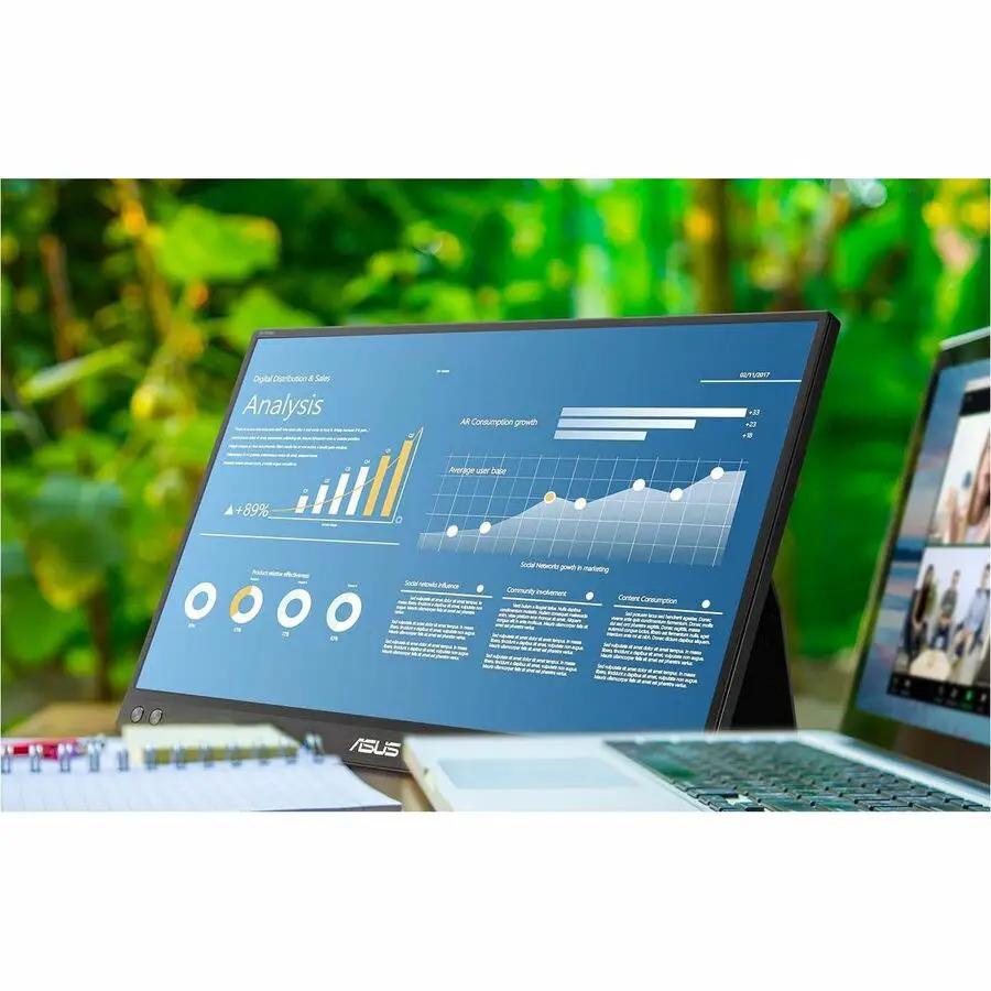 ASUS ZenScreen MQ16AHE 16-inch OLED monitor on a desk outdoors; second monitor visible