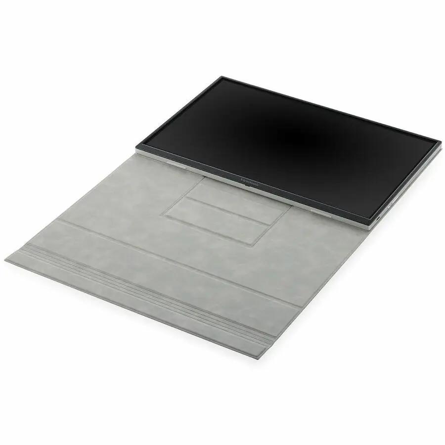 ViewSonic VG1656N 16-inch portable IPS monitor on a gray folio case with stand.
