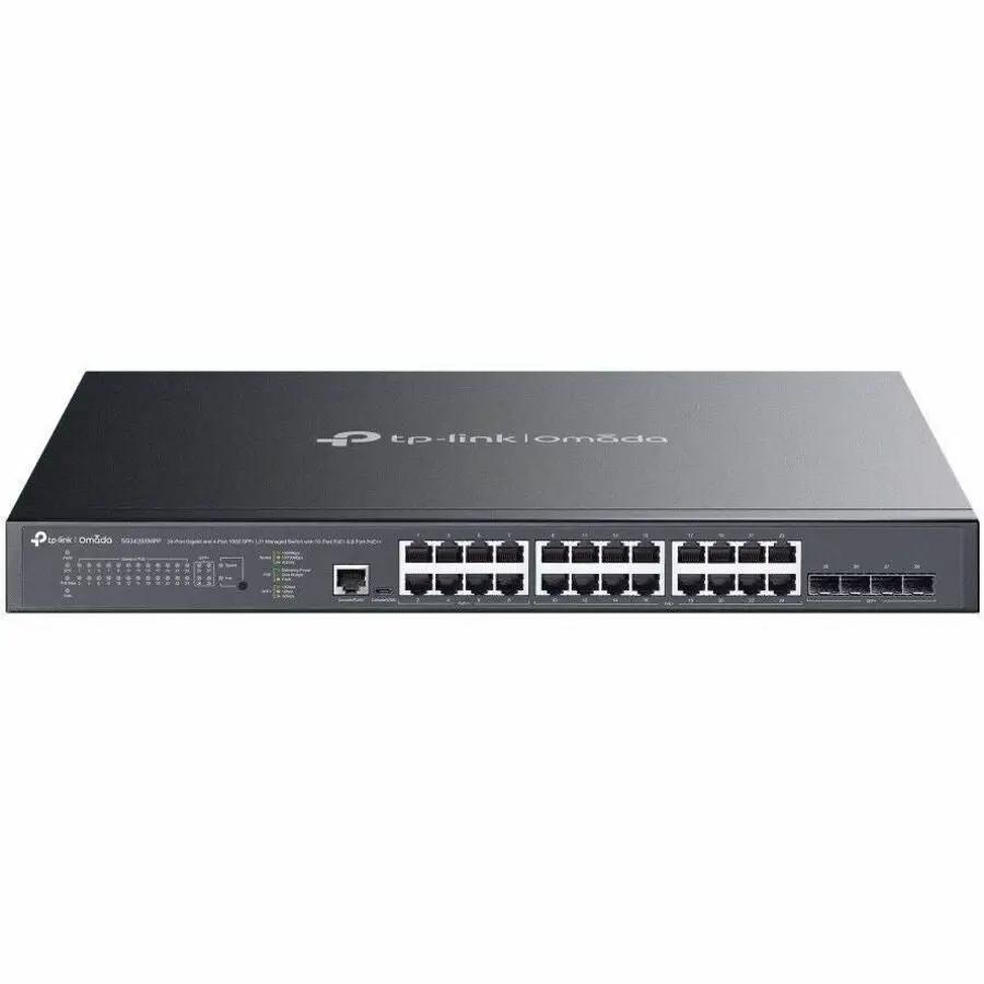 TP-Link Omada 24-Port PoE+ SFP+ Managed Switch in dark gray metal chassis.