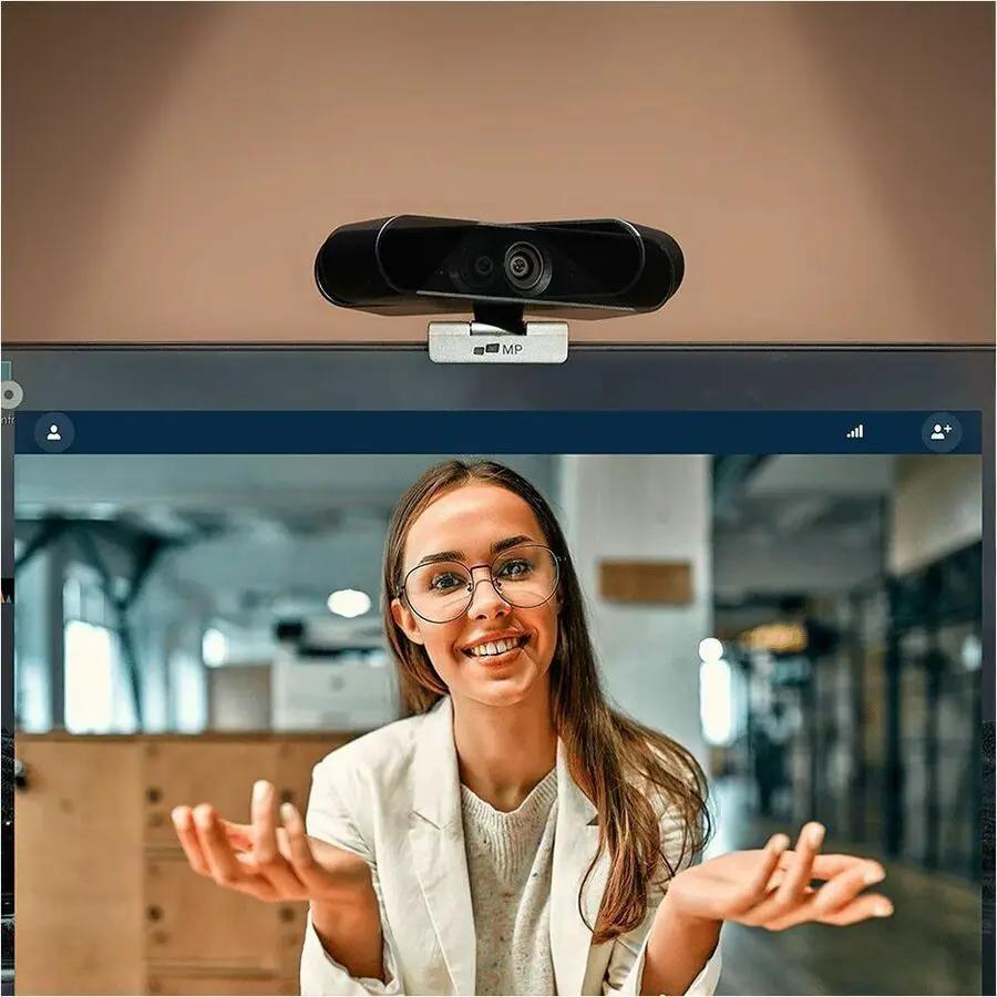 Mobile Pixels webcam, space gray, USB-C, 1-pack, mounted on top of monitor.