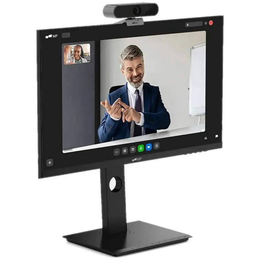 Mobile Pixels webcam, space gray, USB Type C, mounted on a black adjustable monitor stand