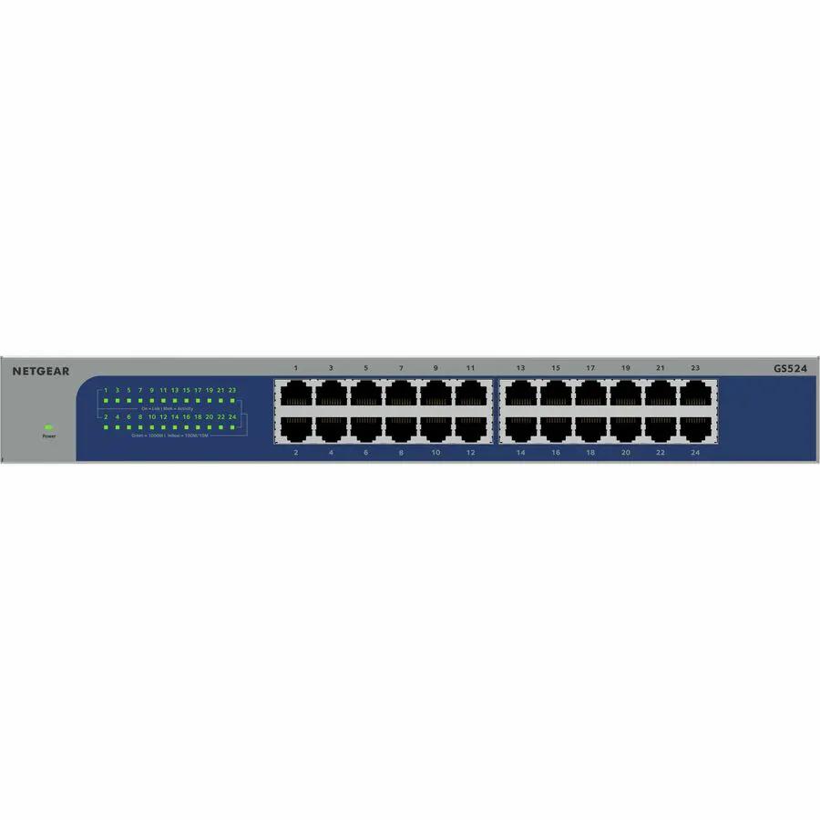 NETGEAR GS524 24-port gigabit unmanaged switch, blue front panel with 24 RJ-45 ports