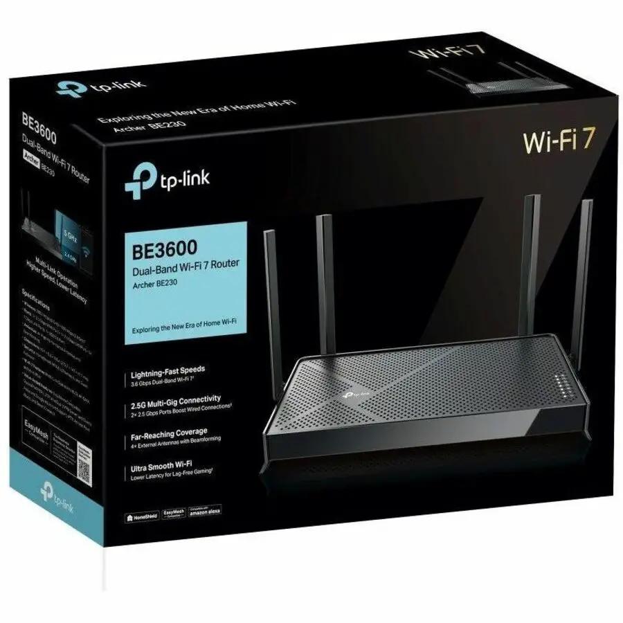 TP-Link Archer BE3600 WiFi 7 router packaging box, black with blue label