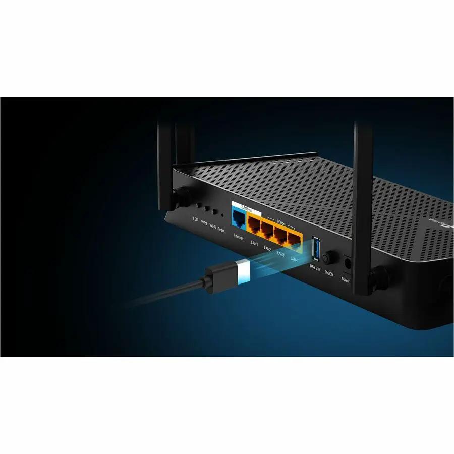TP-Link Archer BE3600 WiFi7 router back view with five 2.5GbE LAN ports