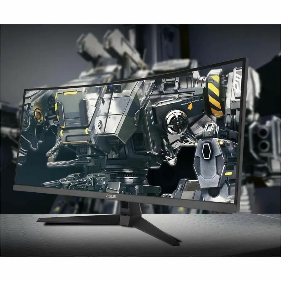 ASUS TUF VG34VQ3B 34-inch UW-QHD curved gaming monitor, black, on a stand