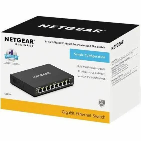 NETGEAR ProSafe GS108 8-Port Gigabit Unmanaged Switch box featuring a black switch