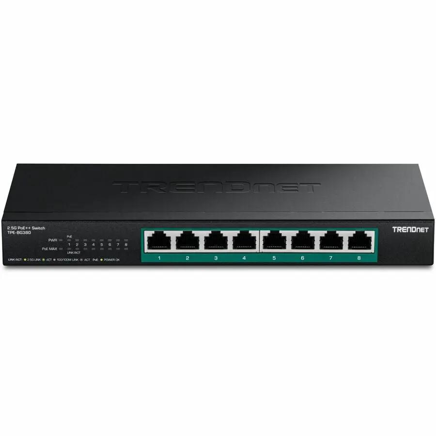 Trendnet 8-Port 2.5G PoE++ switch, black enclosure with teal border around ports and TRENDnet branding.