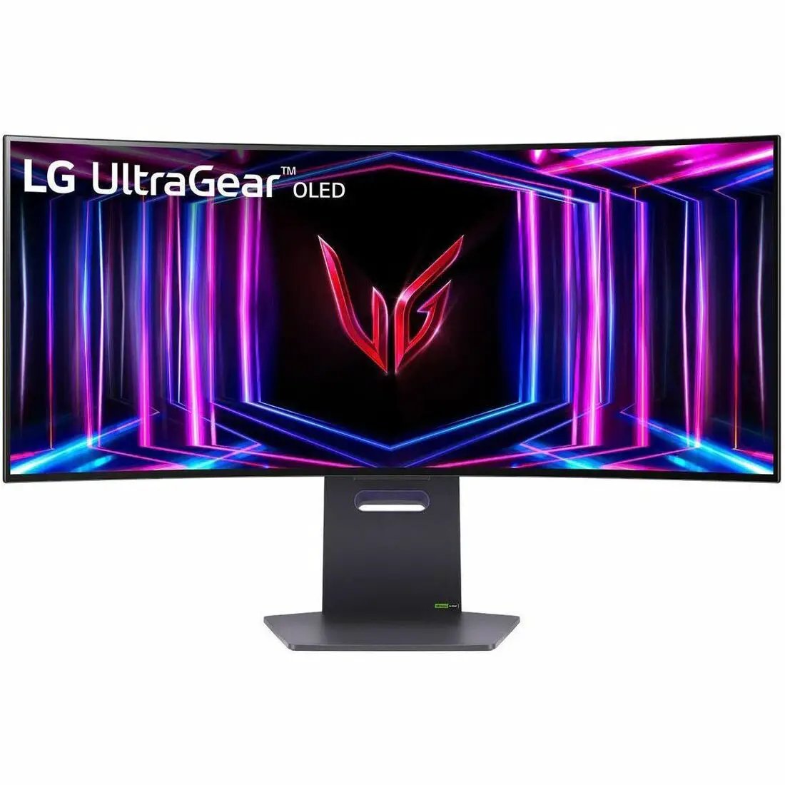 LG UltraGear 34GS95QE-B 34-inch UW-QHD OLED curved monitor on dark stand