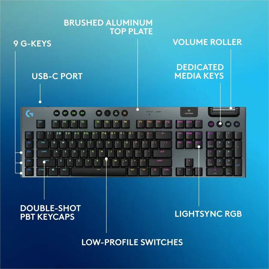 Logitech G915 X LIGHTSPEED Low-Profile Wireless Gaming Keyboard, Double-Shot PBT Keycaps, Fully Programmable Keys, RGB Backlighting, Sleek Aluminum Finishing, GL Blue Clicky Switches - PC/Mac