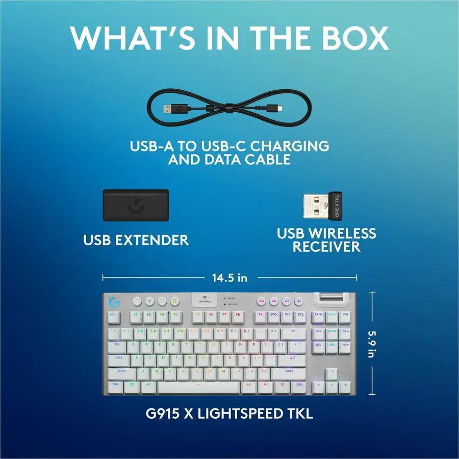 Logitech G915 X LIGHTSPEED TKL Low-Profile Wireless Gaming Keyboard, Double-Shot PBT Keycaps, Fully Programmable Keys, RGB Backlighting, Sleek Aluminum Finishing, GL Brown Tactile - PC/Mac (White)