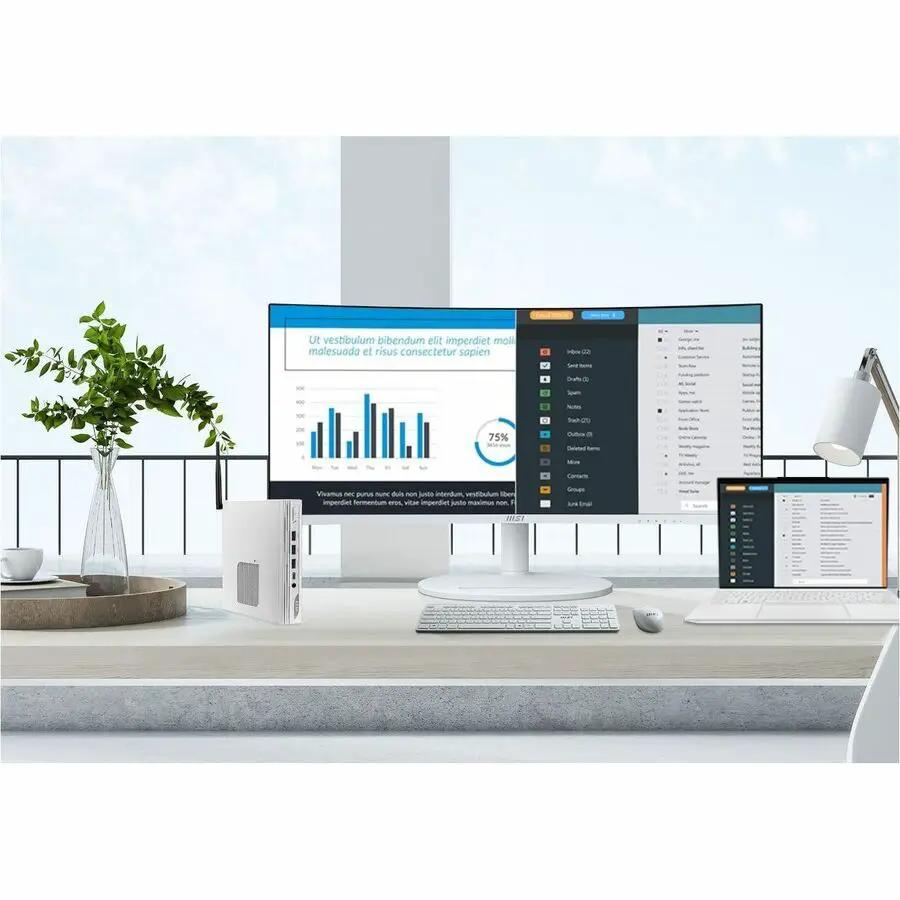 MSI Modern MD342CQPW 34-inch UW-QHD curved monitor on a white desk with keyboard and mouse