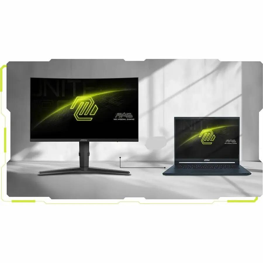 MSI MAG 275CQRF QD E2 27-inch curved monitor and MSI laptop with black chassis
