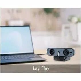 ROCWARE RC08 webcam, black, with dual lenses, on a desk beside a laptop