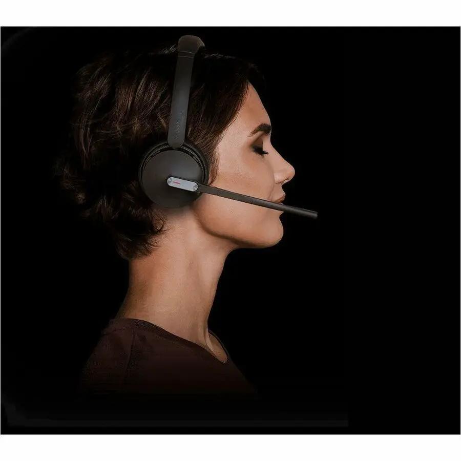 Yealink WH64 Hybrid Dual UC black headset worn by a person in profile against a black background