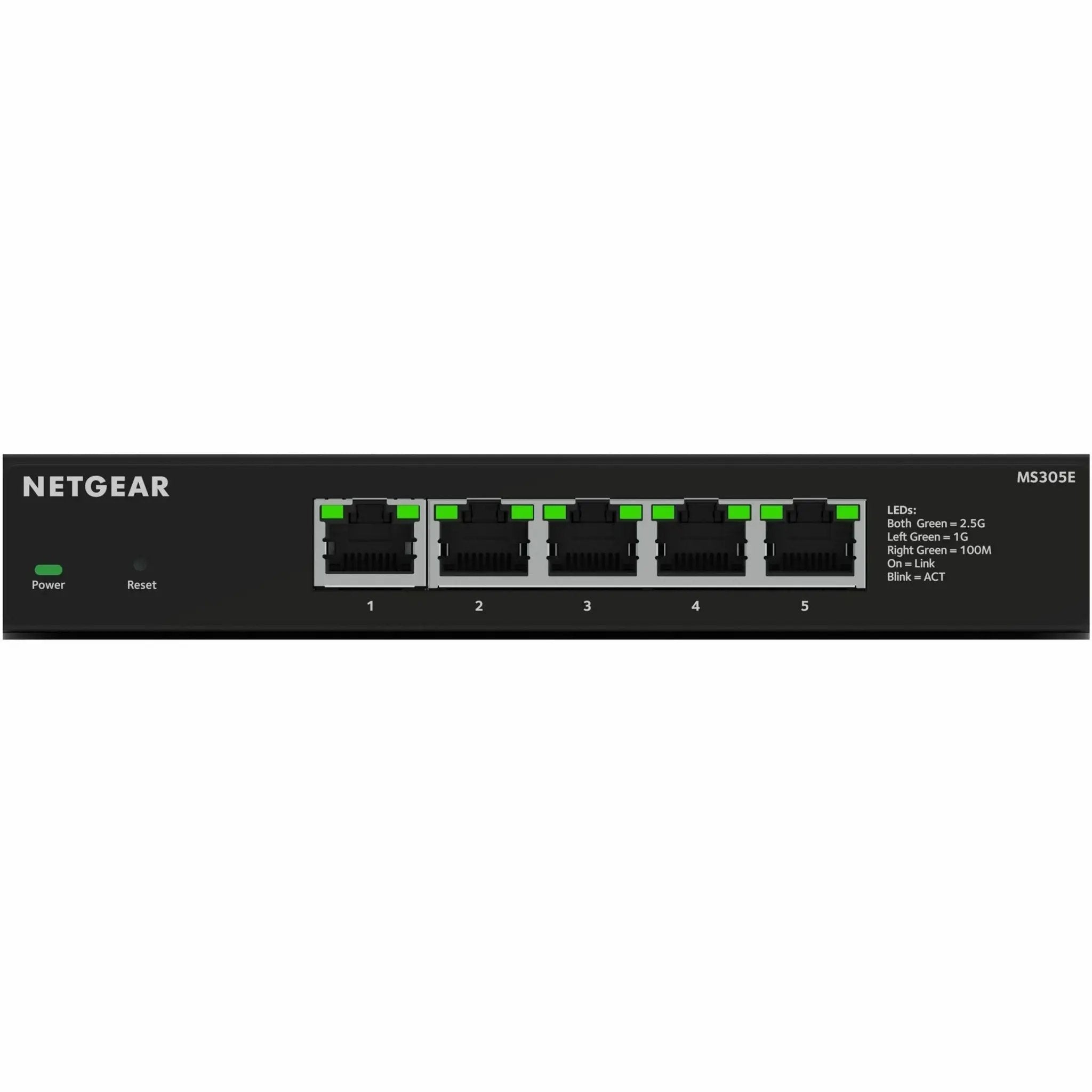 NETGEAR MS305E 5-Port 2.5G MultiGig managed switch; black chassis with green LEDs