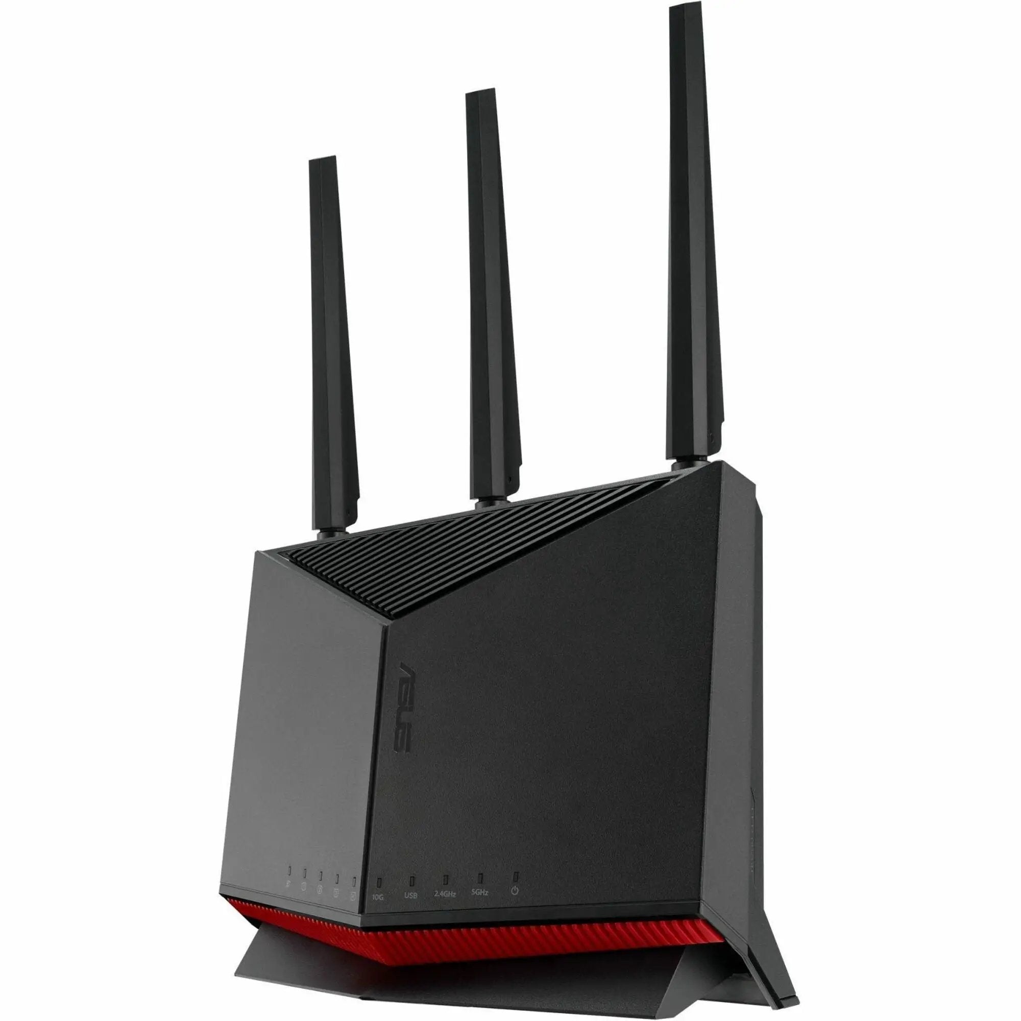 ASUS RT-BE86U wireless router, black with three external antennas and red accent base.