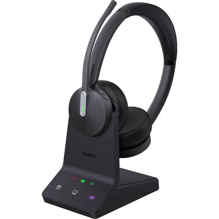 Yealink WH64 HYB dual headset on black charging stand with LED indicators