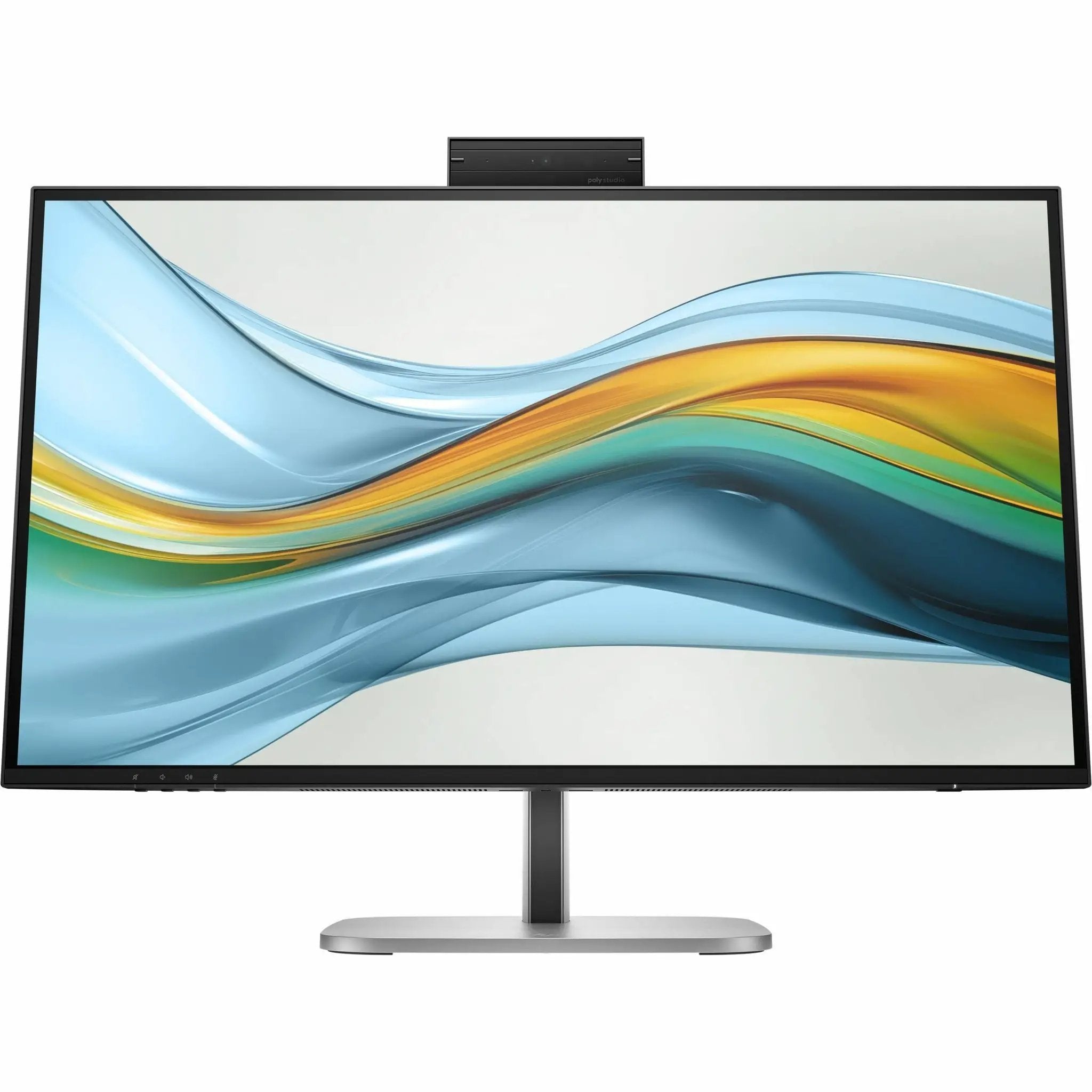 HP 527pm 27-inch WQHD LCD monitor on a stand with Poly Studio camera bar