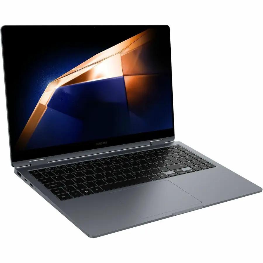Samsung Galaxy Book4 2-in-1 Notebook, Moonstone Gray, open laptop with keyboard and screen.