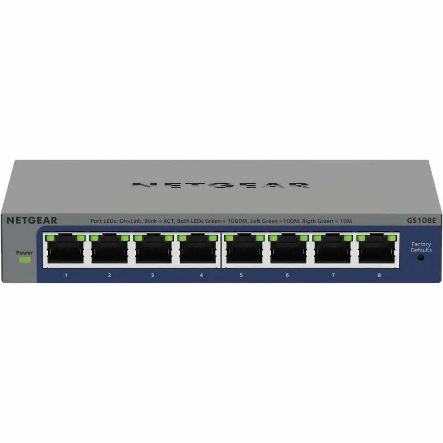 Netgear GS108E 8-port gigabit managed switch with blue front panel