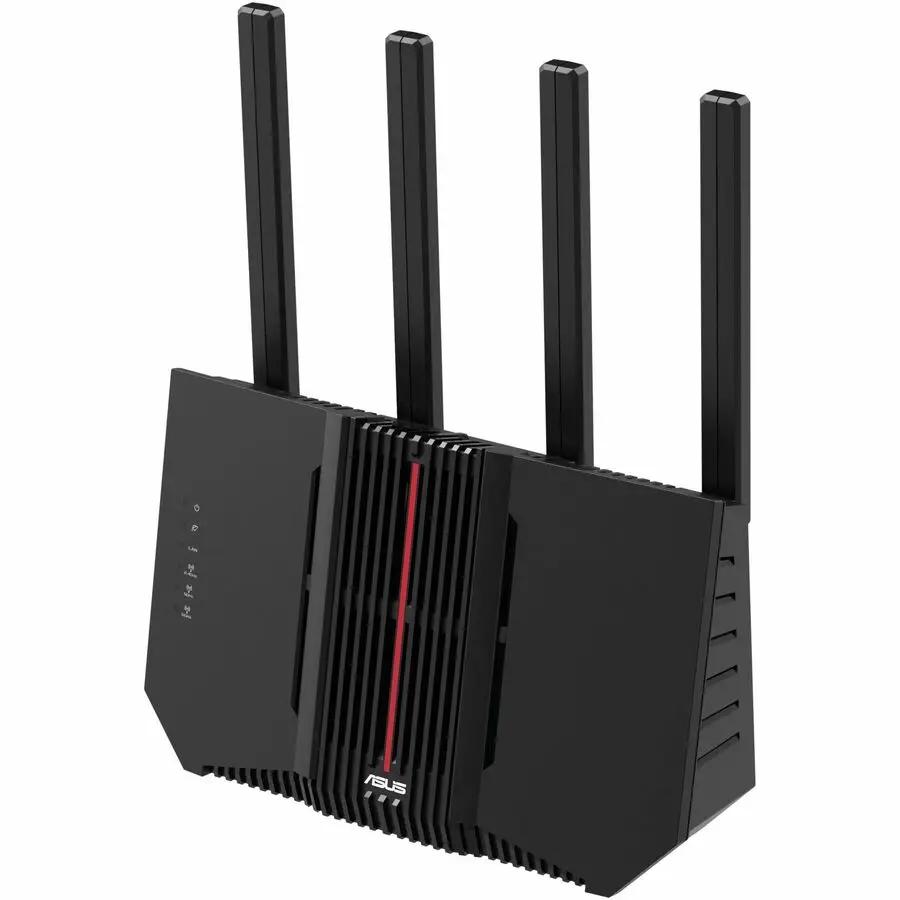 ASUS RT-BE92U wireless router with four tall antennas, black with red center stripe