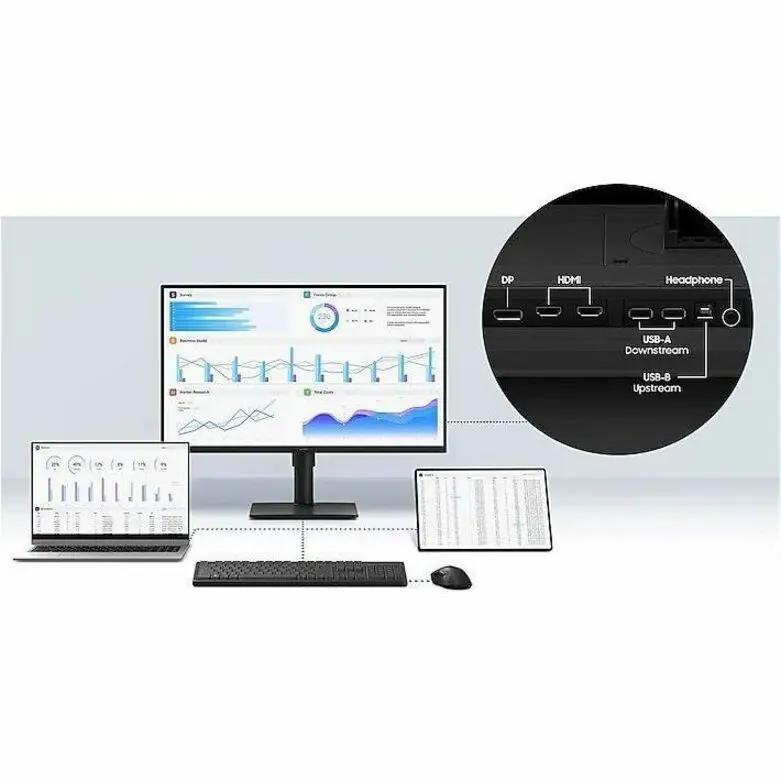 Samsung Essential S4 S27D402GAN 27-inch 1080p IPS monitor in a desk setup with laptop and tablet