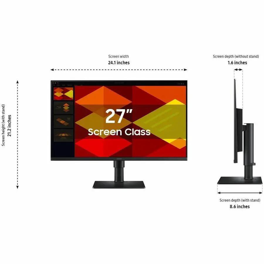 Samsung Essential S4 S27D402GAN 27-inch IPS monitor on black stand, front and side view