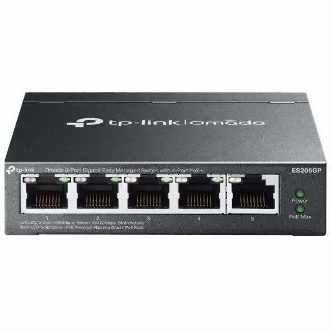 TP-Link Omada 5-Port Gigabit PoE+ Managed Switch ES205GP, black metal chassis with five RJ-45 ports