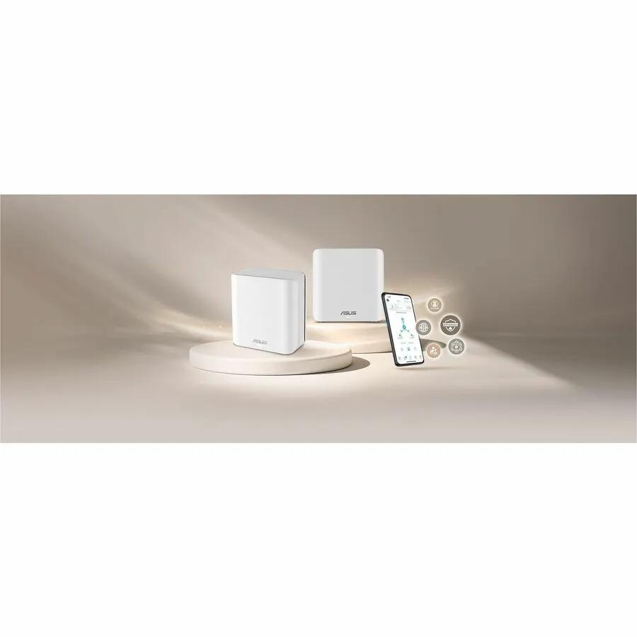 ASUS ZenWiFi BD4 2-Port Managed Router: two white square routers with a mobile app on screen.