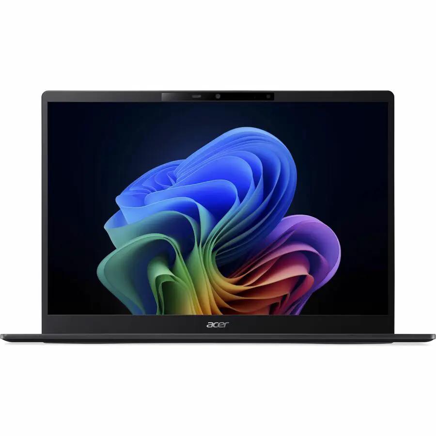 Acer TravelMate P6 14 AI notebook laptop, black, 14-inch display, open on white background.