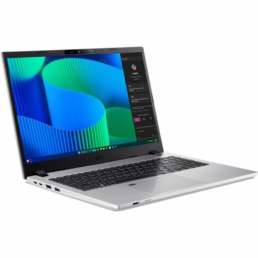 Acer TravelMate P2 notebook, 15.6-inch silver laptop open on white background.