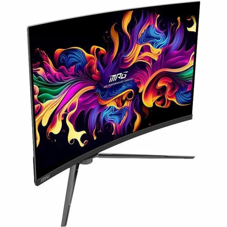 MSI MPG 321CURX 32-inch curved OLED monitor, black body with silver stand, 4K UHD