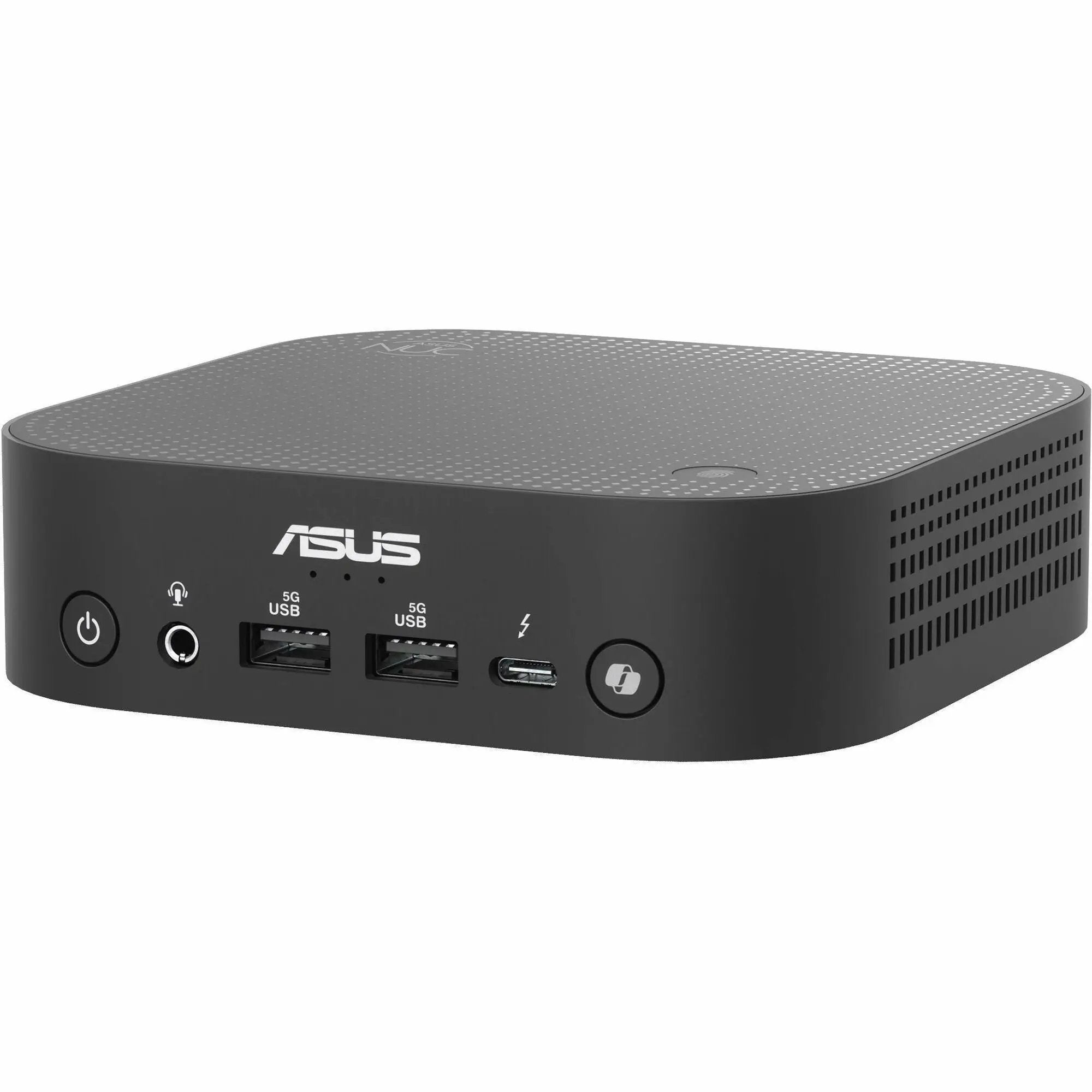ASUS NUC 14 Pro AI Copilot Mini PC, black chassis with front USB ports and power button.