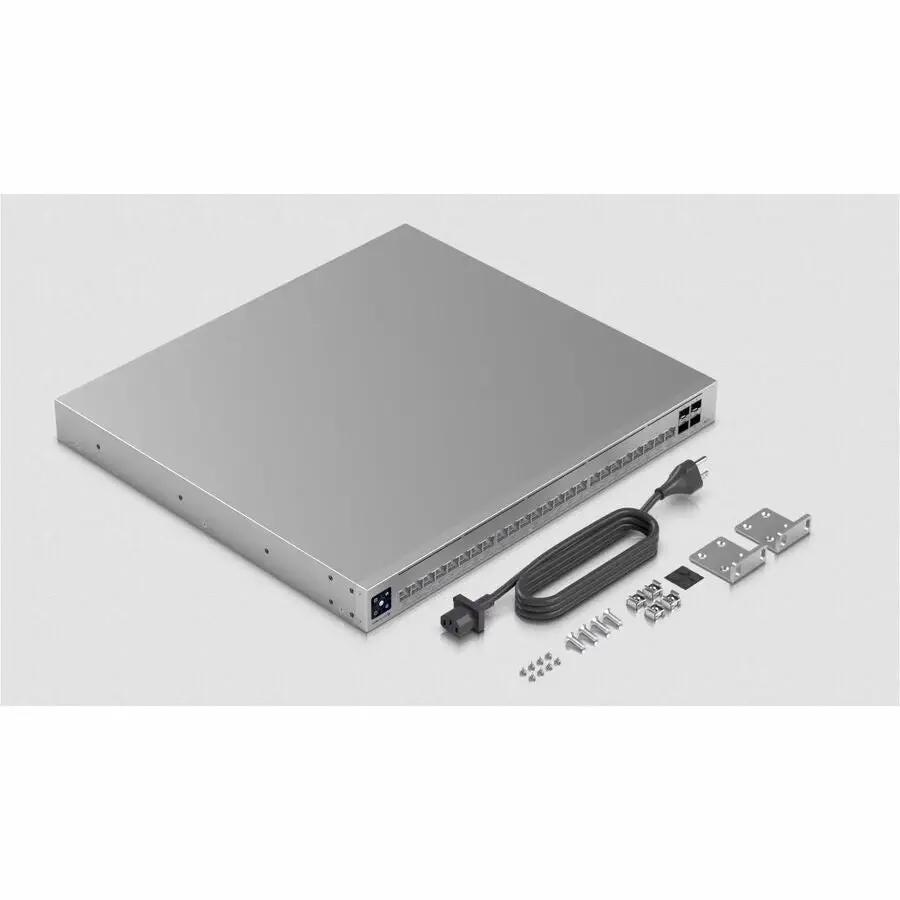 Etherlighting Pro HD 24-Port 2.5GbE PoE SFP+ switch, silver metal chassis with power cord and mounting brackets
