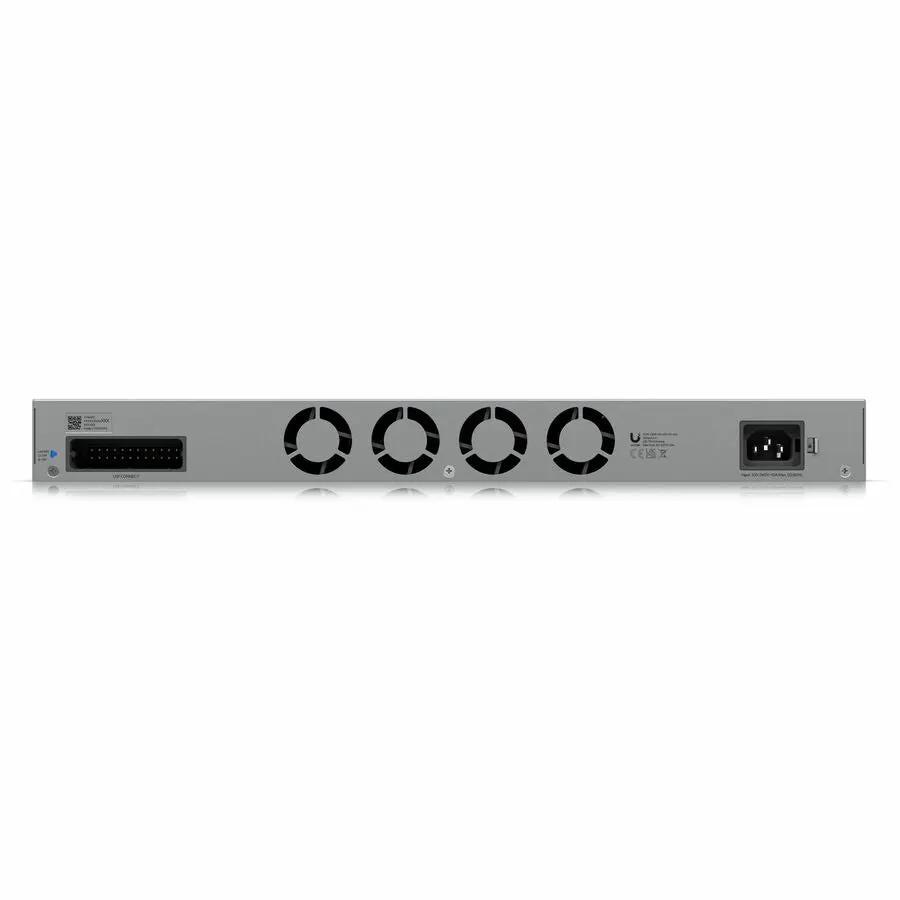 Etherlighting Pro HD 24-Port 2.5GbE PoE SFP+ Switch, gray metal chassis, rear view, Ubiquiti
