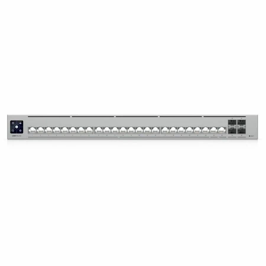 Ubiquiti UniFi Pro HD 24-port SFP+ managed switch in silver metal chassis.