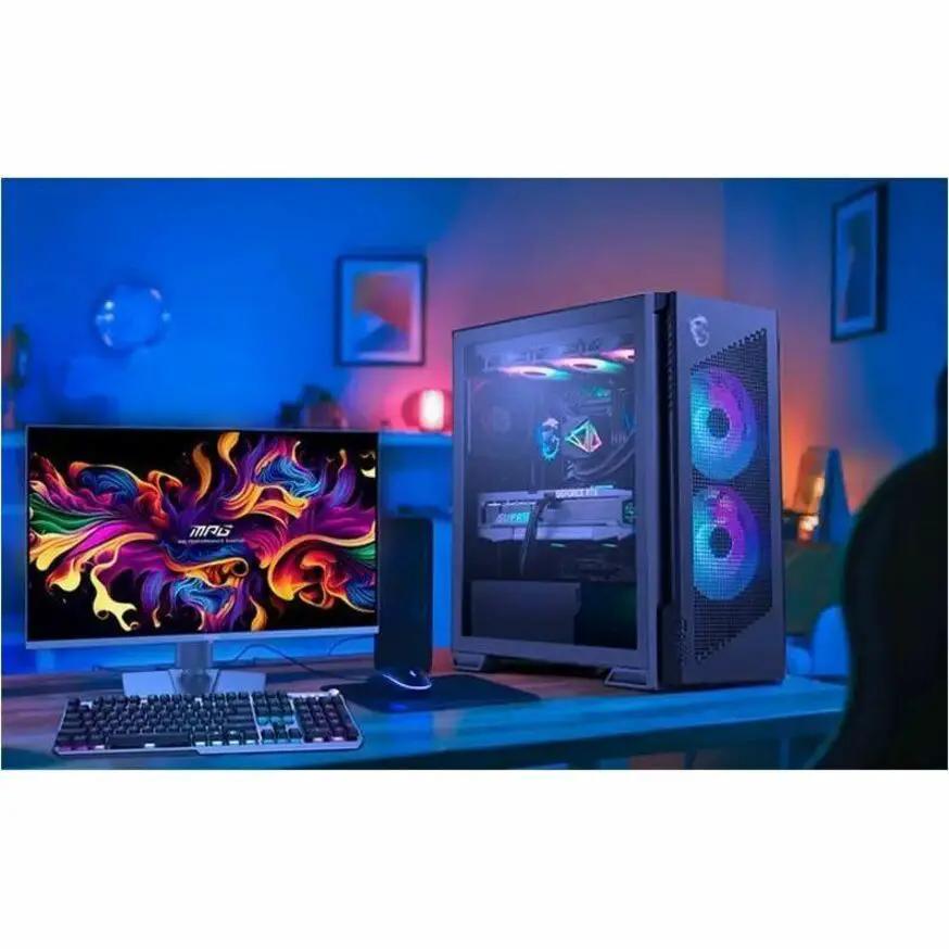 MSI MPG 322URX 32-inch UHD QD-OLED gaming monitor, 240Hz, on RGB-lit desk