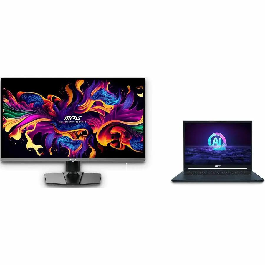 MSI MPG 322URX 32-inch UHD QD-OLED 240Hz gaming monitor and MSI laptop