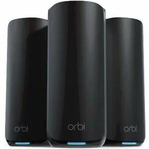NETGEAR Orbi ORBI 870 WiFi7 Tri-Band router system, three black cylindrical satellites.